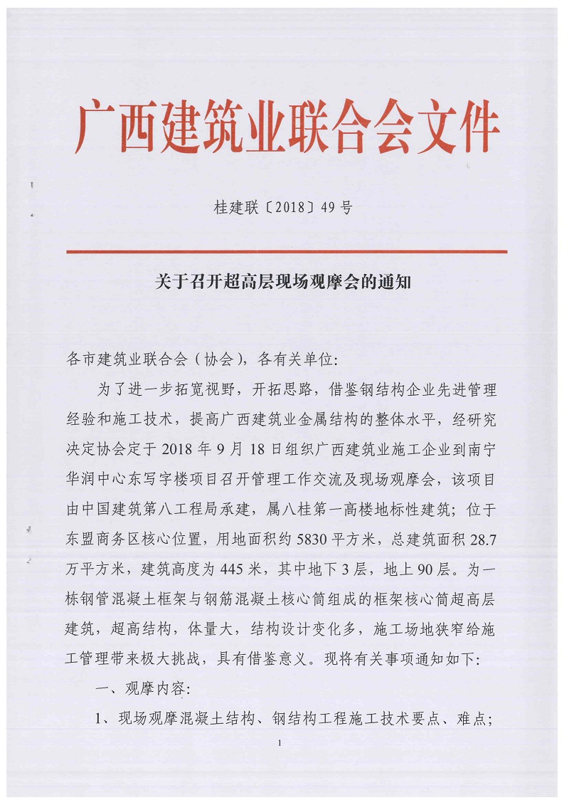 關(guān)于召開(kāi)超高層現(xiàn)場(chǎng)觀摩會(huì)的通知